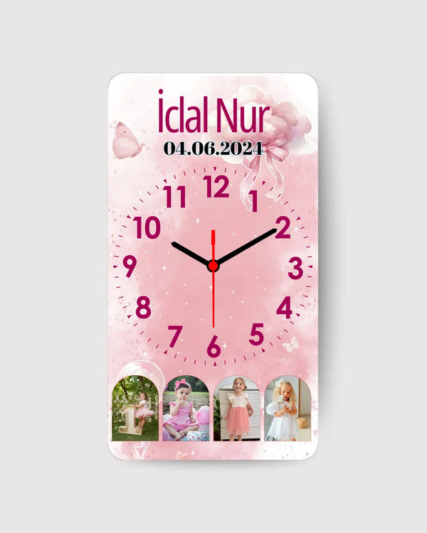 Kişiye özel fotoğraflı pembe duvar saati, isim ve tarih baskılı, çocuk temalı hediye