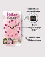 Kişiye özel fotoğraflı, pembe tasarımlı, ahşap MDF saat, sessiz ve metal mekanizmalı
