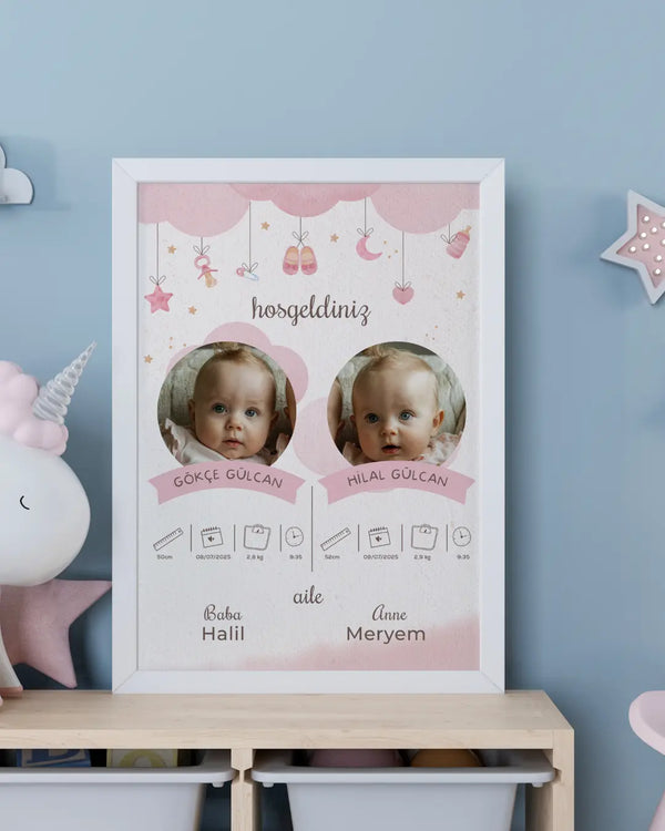 Kız İkiz Bebek İlk An Tablosu Model No:2 - Hediye Teslim