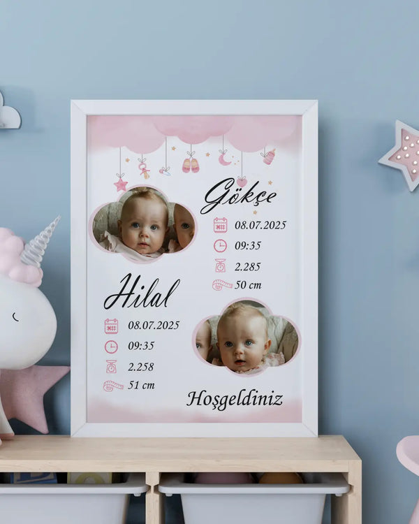 Kız İkiz Bebek İlk An Tablosu Model No:3 - Hediye Teslim