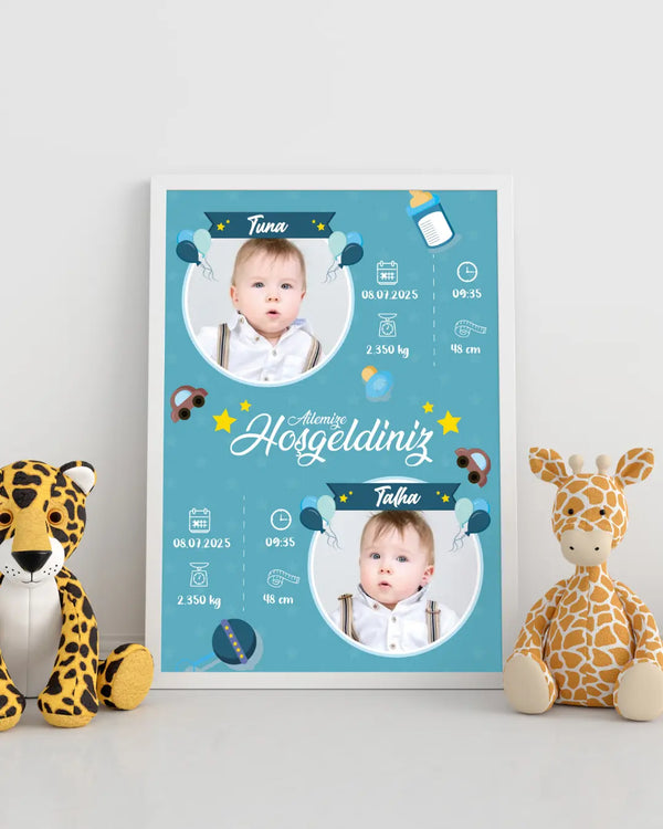 Erkek İkiz Bebek İlk An Tablosu Model No:3 - Hediye Teslim