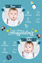 Erkek İkiz Bebek İlk An Tablosu Model No:3 - Hediye Teslim